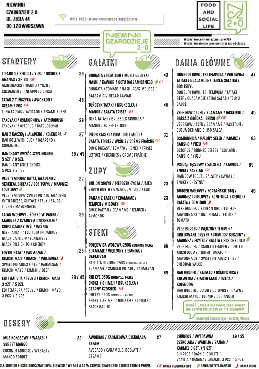 Warszawa Złota44 Menu Karta Niewinni Czarodzieje 2.0